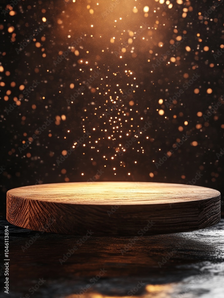 Poster Captivating wood platform illuminated by sparkling dust particles creating an enchanting atmosphere for presentations or displays