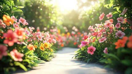 Colorful Flower Path in a Bright Garden Setting