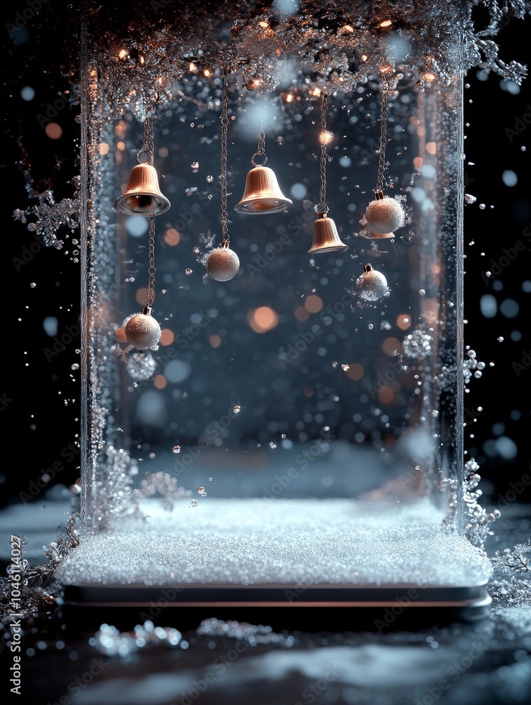 Poster enchanting glass structure with hanging bells surrounded by intricate water droplets creating a capt