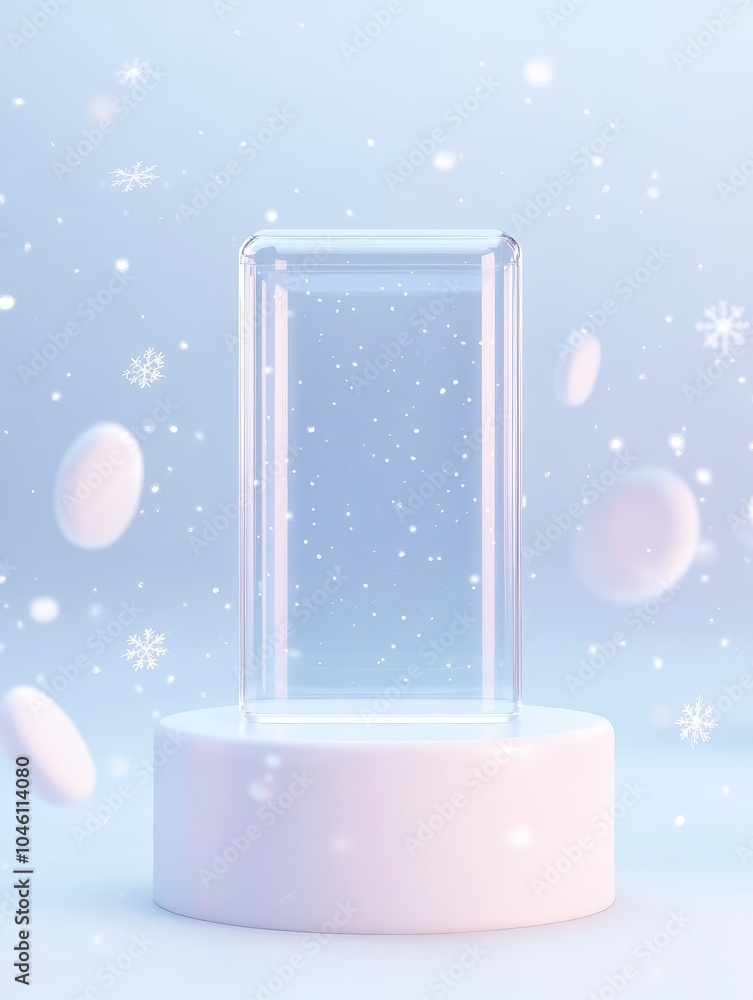 Poster minimalist transparent display stand surrounded by floating snowflakes and white objects in a serene