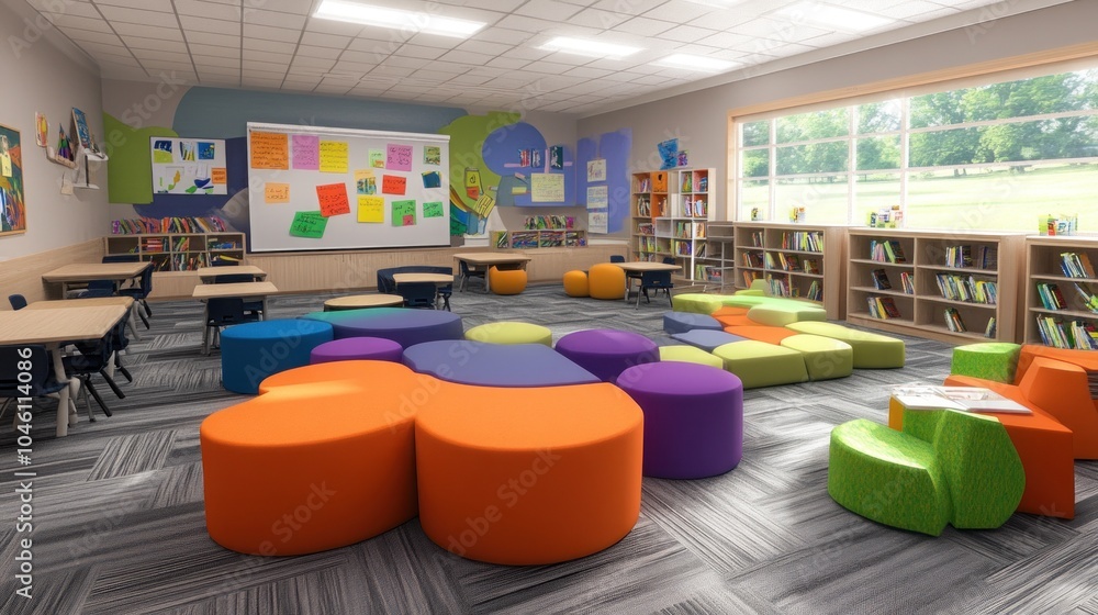 Poster a modern classroom with colorful seating and a large bookshelf in the background.