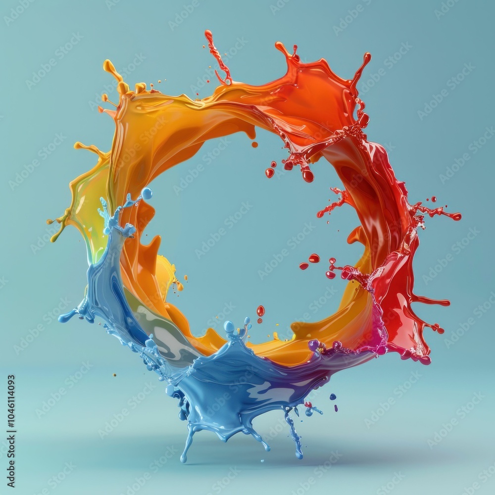 Poster colorful liquid splash in a circular shape, vibrant colors creating a dynamic visual effect, against