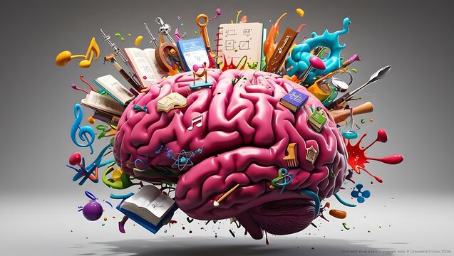 Concept art of a human brain exploding with knowledge and creativity 