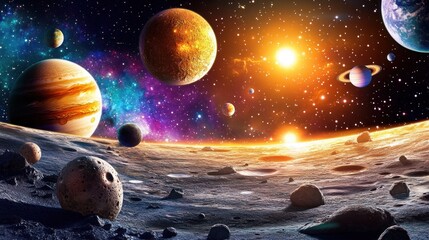 A breathtaking view of our solar system with the sun shining brightly in the background and planets like Jupiter, Saturn, and Earth visible in the distance.