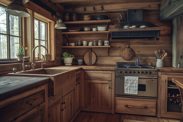 Rustic Elegance: A Cozy Log Cabin Kitchen with Wooden Appliances