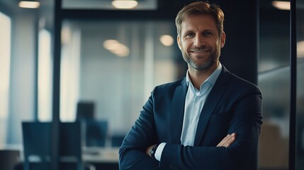 Fototapeta premium Professional Man Smiling in Modern Office Setting