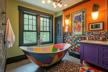 Mosaic Marvel: An Artistic Bathroom Featuring a Freestanding Tub