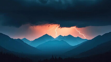 Dramatic mountain landscape with stormy sky and lightning strikes at sunset.