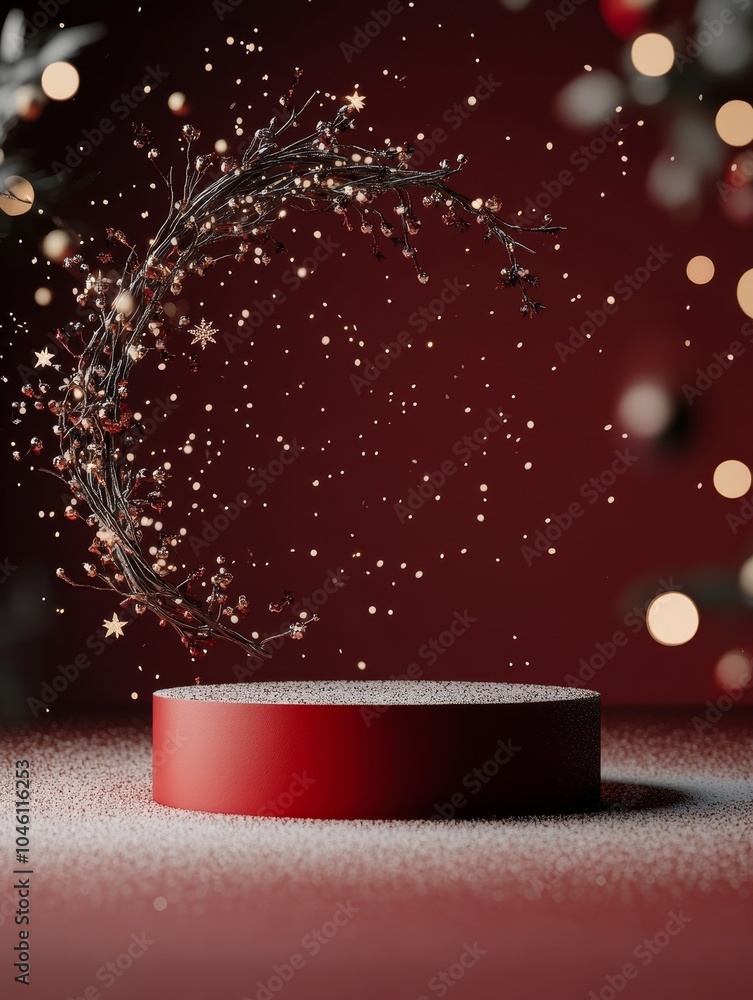 Poster captivating festive scene with floating ornaments and sparkling particles on a vibrant red backgroun