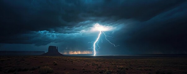 Dramatic lightning illuminating dark storm clouds over a desert landscape.