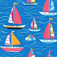 A Seamless Pattern of Colorful Sailboats on a Blue Ocean