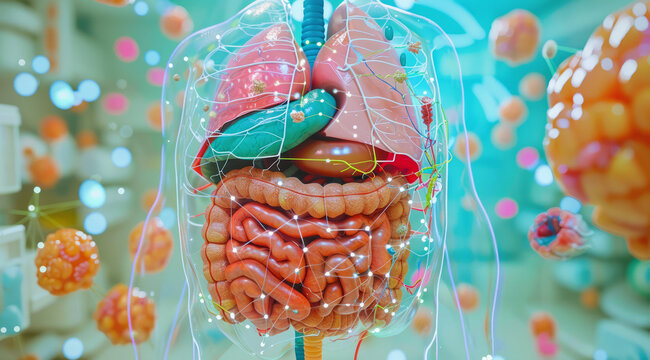 Person internal organs, stomach and intestines anatomy. Gastroenterology concept close up