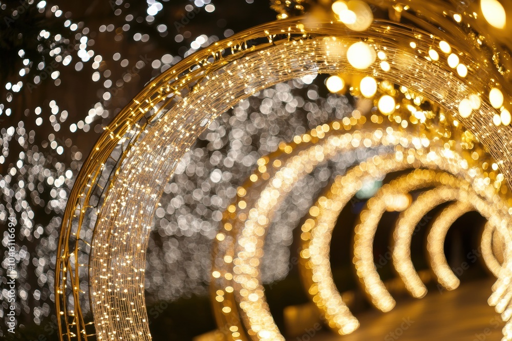 Poster Festive illuminated arches form a beautiful pathway glowing with warm lights, creating an enchanting atmosphere at night. Generative AI