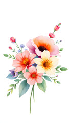 Watercolor flowers, floral bouquet for greeting card, invitation and other printing design. Isolated on white. Hand drawing isolated with white highlights, png