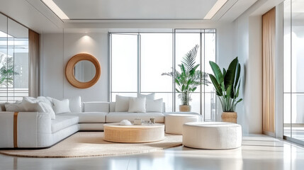 Fototapeta premium White minimalist and Coastal style home interior design of modern living room