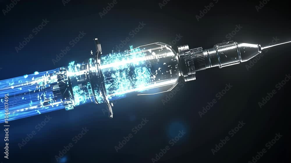 Poster a digital rendering of a syringe filled with blue particles, glowing against a dark background