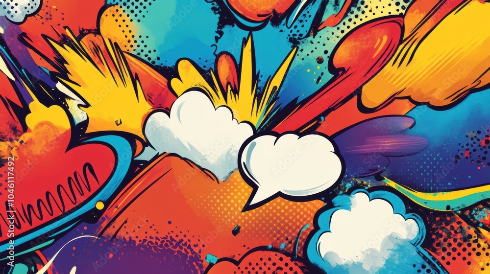 Poster colorful doodles feature animated speech bubbles and comic sound effects, creating an energetic and 