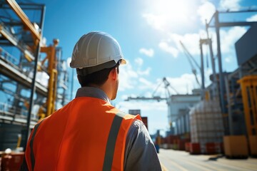 Realistic candid photo of a logistics manager at the shipyard warehouse, overseeing the organized flow of operations with a bright blue sky overhead. The photograph’s professional aesthetic is styled