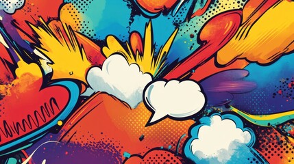 Colorful doodles feature animated speech bubbles and comic sound effects, creating an energetic and lively artistic expression. Generative AI