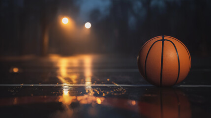 Obraz premium A basketball rests on a wet court at twilight,illuminated by nearby streetlights,reflecting mood of a rainy evening in a peaceful park,copy space