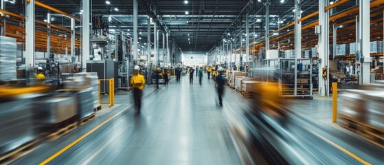 Very realistic and photographic photo of a modern, sleek warehouse with blurred workers and automation machinery in constant motion The long exposure technique emphasizes the dynamic flow and