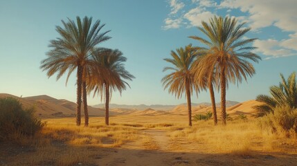 A group of palm trees stand tall in a desert landscape, with a dirt road leading towards a range of hills in the distance. The sky is clear and blue, with a few white clouds.