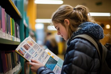 A student browsing through a college catalog, selecting courses and planning their academic path for the semester