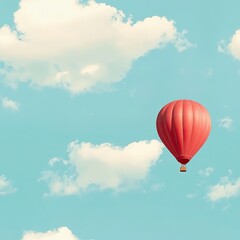 Naklejka premium A Single Red Hot Air Balloon Flying Against a Blue Sky with White Clouds