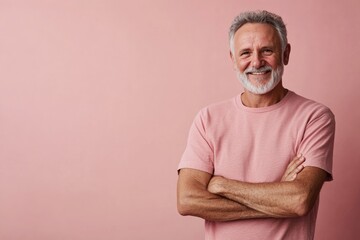 Obraz premium Half body shot of a senior man, smiling warmly, standing against a solid soft pink background with space for text
