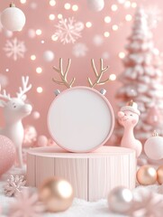 Charming winter wonderland display featuring adorable deer festive ornaments and a blush pink background perfect for holiday celebrations and cheerful decor ideas