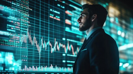 Fototapeta premium Very realistic photo of a businessman showcasing a rising financial chart with stock market data in the background Emphasizing corporate growth and financial success Styled like a high-end lifestyle