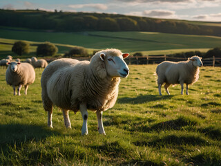 Fototapeta premium A_beautiful_grassy_field_where_white_wool_sheep_are_peacefully_grazing(3).