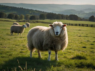Obraz premium A_beautiful_grassy_field_where_white_wool_sheep_are_peacefully_grazing(1).