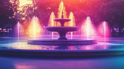 Obraz premium Colorful Fountain Display in Public Park at Sunset