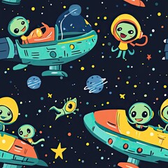 Naklejka premium Cartoon aliens flying in spaceships with stars and planets in the background