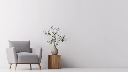 A realistic photo of a minimalist interior setup with a sleek gray armchair on the left and a wooden side table beside it. The vase with greenery adds a decorative touch to the clean, modern
