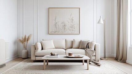 A realistic photo of a modern living room featuring white walls, a beige sofa, and a coffee table A soft rug, modern floor lamp, and decorative paintings create a serene, stylish atmosphere Cushions