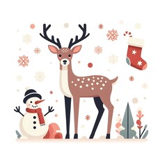 Fototapeta premium Flat, isolated illustration of a standing reindeer with large antlers. The design features smooth lines, a neutral brown color, and a simple yet elegant profile, evoking holiday themes.