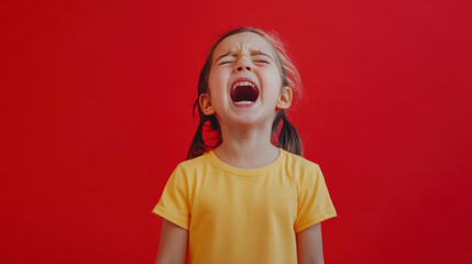 young girl is crying and screaming with distressed expression against vibrant red background. Her emotions are palpable, showcasing moment of intense feeling
