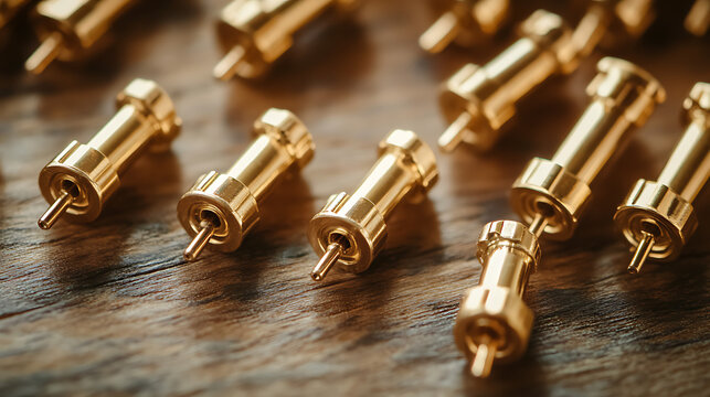 High-frequency SMA connectors Gold plated pins isolated on a wooden table