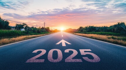 Text "2025" and arrow pointing towards the horizon written on asphalt shows a road that stretches into a glowing horizon, representing new opportunities and growth for the coming year. Styled like a