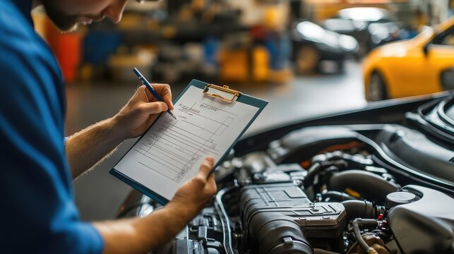 High-resolution photorealistic image of an auto mechanic writing a checklist on a clipboard while inspecting a car engine. The modern car service shop with organized tools and equipment creates a