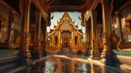 Obraz premium Hyperrealistic golden temple in Thailand, Nikon D5 raw photo with detailed architecture