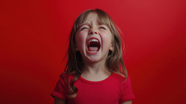 Crying girl expressing intense emotions against red background, showcasing moment of distress and vulnerability. Her tears and open mouth convey powerful sense of sadness - Powered by Adobe