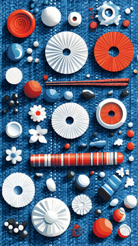Abstract pattern of red, white, and blue objects on blue knitted background.
