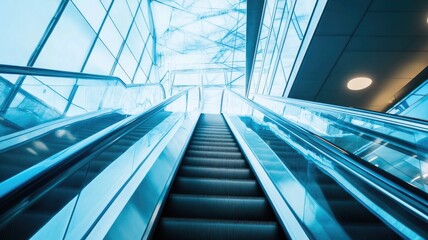 Modern glass-walled indoor escalators in contemporary building
