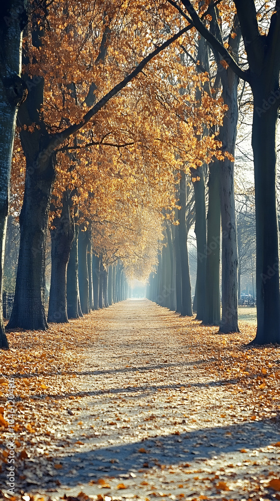 Poster a path through a forest of trees with golden leaves in autumn.
