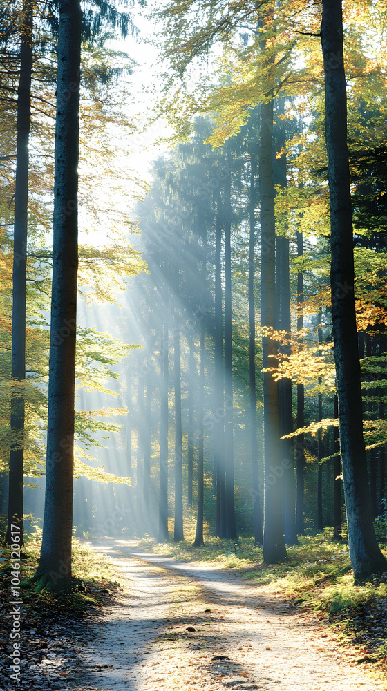 Poster sunbeams illuminate a path through a misty autumn forest.