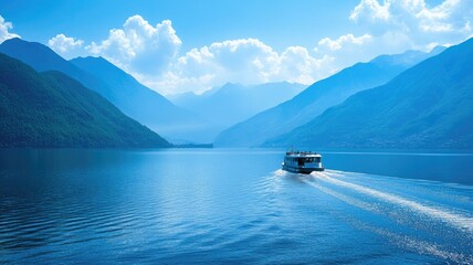 Ferry navigates through tranquil blue lake surrounded by majestic mountains under partly cloudy sky