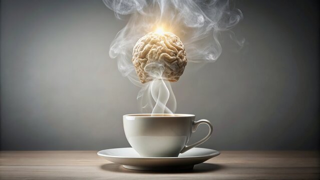Steam swirling upwards from a cup of tea shaped like a brain on a gray background